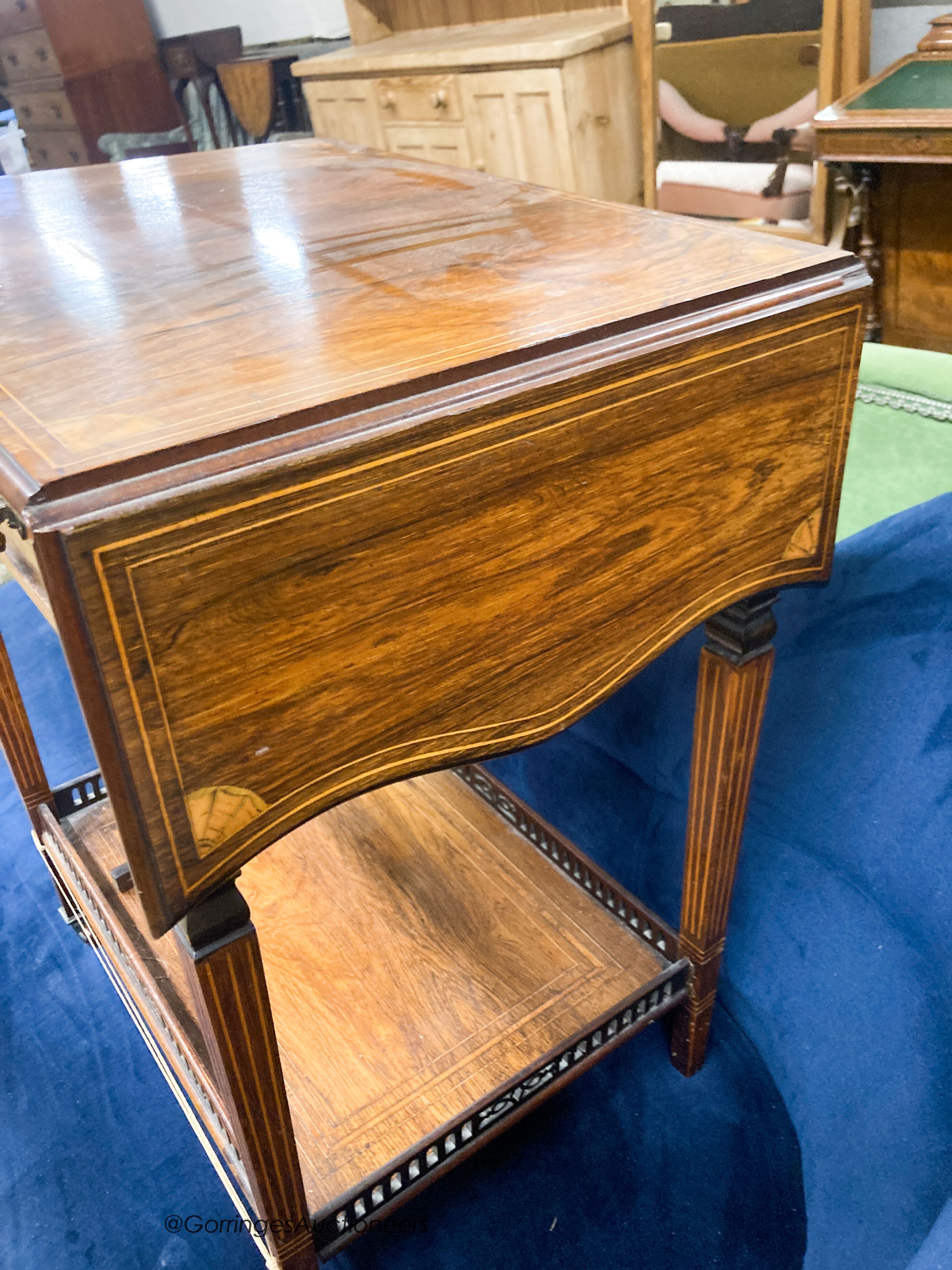 A late Victorian inlaid rosewood drop flap occasional table, extended 85cm D.39cm H.67cm